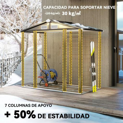 Cobertizo Metálico para Jardín 213x120x166/194 cm con Base Refuerzo Puertas Correderas y Ventilaciones Roble. [5]