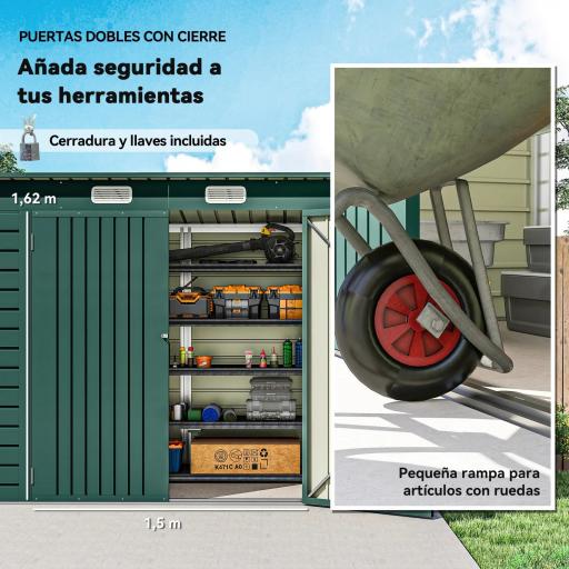 Caseta de Jardín Exterior 2,7m² 249x121x183 cm con Doble Puerta 2 Ventilaciones y Pestillo Verde [3]