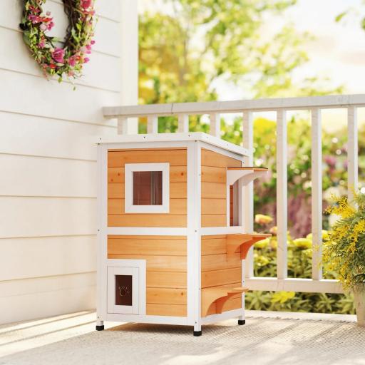 Caseta para Gatos de Madera Exterior de 2 Niveles con Techo Abatible Panel Central Extraíble 51x51x81,3 cm Natural [5]