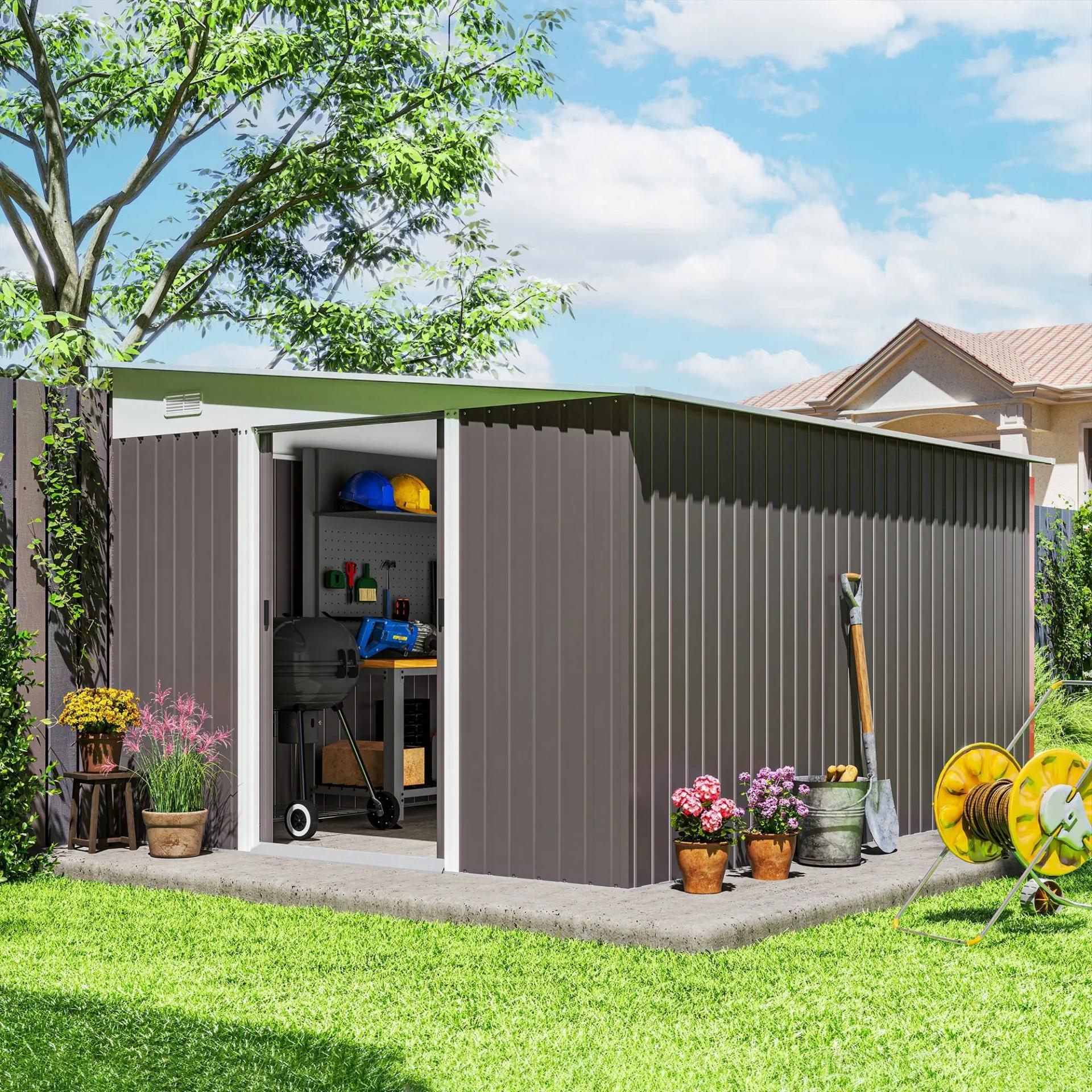 Cobertizo de Jardín 280x345x201 cm 8,9 m² para Almacenamiento de Herramientas con Puerta y 2 Ventanas Gris