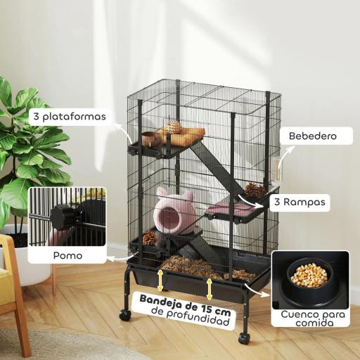 Jaula para Animales Pequeños de 4 Niveles con Ruedas Rampas Cuenco Botella de Agua 69x44x120 cm Negro [3]
