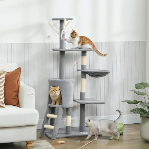 Árbol Rascador para Gatos Altura 134 cm con 6 Postes 3 Plataformas Cueva Hamaca Escalera 4 Juguetes Colgantes Gris