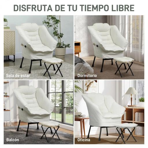 Sillón de Salón con Otomana Sillón de Relax con Bolsillos Laterales y Patas de Acero para Sala de Estar Dormitorio Crema [5]