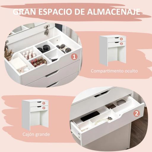 Tocador de Maquillaje con Taburete Oculto Espejo Abatible Cajón y 7 Compartimentos Taburete con Almacenamiento Blanco [5]