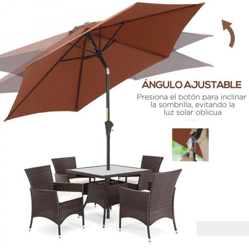 Sombrilla para Jardín Ø260x235 cm Parasol de Aluminio Reclinable con Manivela y 6 Varillas de Metal Café [4]