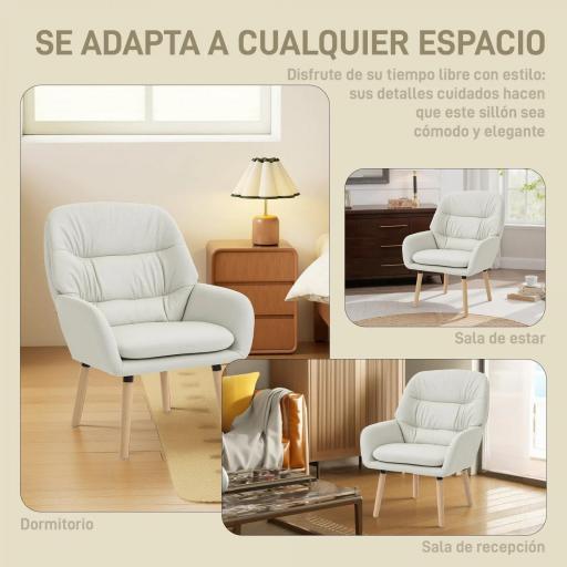 Sillón de Salón Moderno Acolchado de Doble Capa Tapizado en Cuero Sintético Patas de Madera 68x74x89 cm Crema [3]