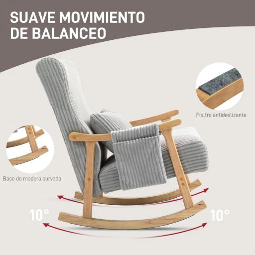 Silla Mecedora de Pana con Patas y Reposabrazos de Madera de Caucho Cojín Lumbar y Bolsillo Carga 120 kg Gris [5]