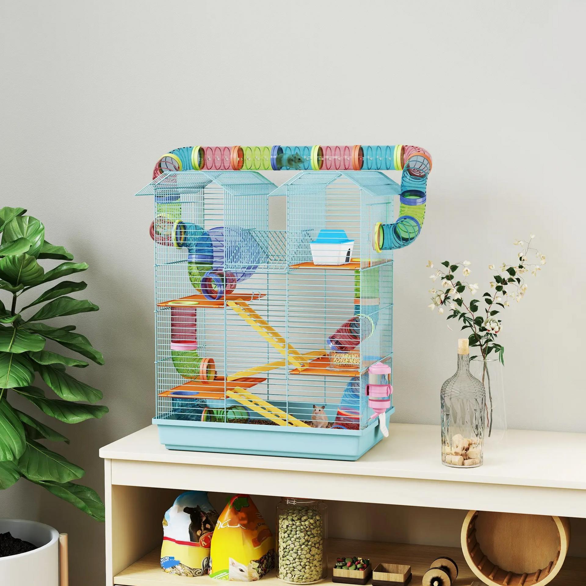 Jaula para Hámster de Múltiples Niveles con Tubos Plataformas Comedero Bebedero Casita Rueda Escaleras 47x30x59 cm Azul