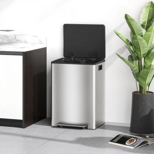 Cubo de Basura de Cocina con 2 Compartimentos 2x30L con Pedal Tapa de Cierre Suave y Cubo Extraíble Plata [6]