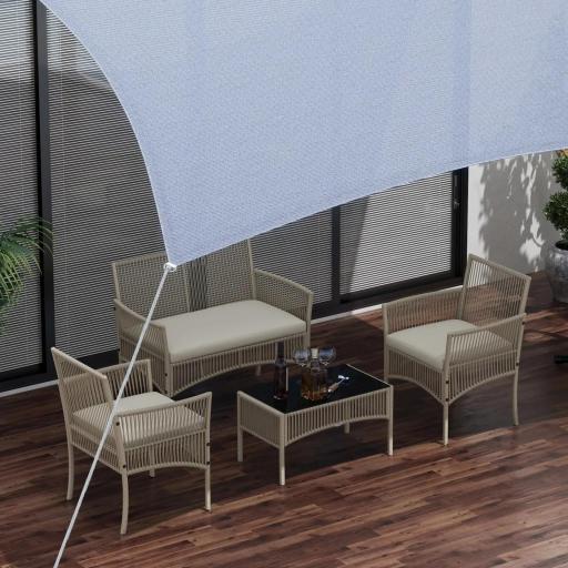 Juego de 4 Piezas Muebles de Terraza con 1 Sofá de 2 Plazas 2 Sillones y 1 Mesa de Centro con Encimera de Cristal Caqui [7]