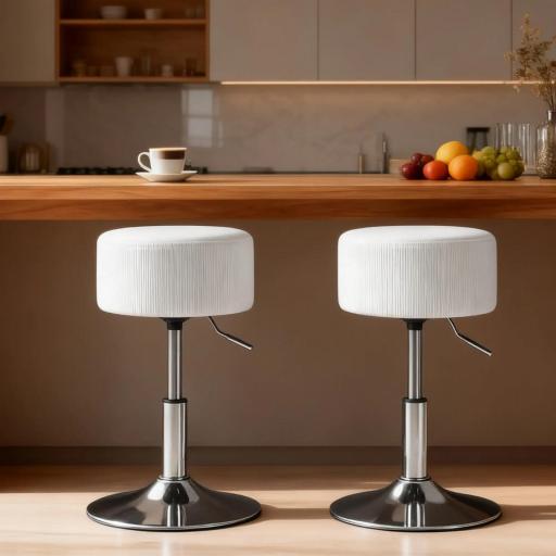 Taburete de Cocina Regulable en Altura 52-66 cm Tapizado en Pana Giratorio en 360° Blanco [5]
