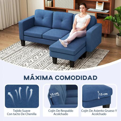 Sofá Chaise Longue Reversible con Estructura de Acero Tapizado en Chenilla 186x130x84cm Azul [2]