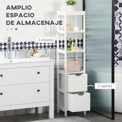 Mueble Columna con 3 Estantes Abiertos y 2 Cajones de Almacenaje Diseño Antivuelco 30x30x144 cm Blanco [2]