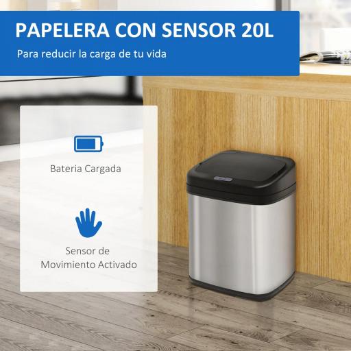 Papelera de Cocina 20L con Sensor Infrarrojo Apertura Automática y Cubo Interior Extraíble 33x25x42,5 cm Plata y Negro [3]