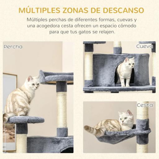Árbol Rascador para Gatos 200 cm Torre para Gatos con 2 Cuevas 2 Hamacas Cama Postes de Sisal 60x60x200 cm Gris [3]
