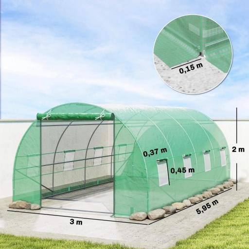 Invernadero de Túnel 600x300x200 cm Invernadero de Jardín con Puerta Enrollable 8 Ventanas Cubierta PE 140g/m² y Tubo de Acero para Cultivos Plantas Verduras Verde [1]