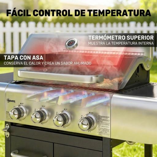 Barbacoa de Gas con 4 Quemadores 12,8 kW Termómetro Parrillas de Hierro Fundido Mesas Laterales Armario y Ruedas Negro [6]