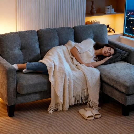 Sofá Chaise Longue Reversible con Estructura de Acero Tapizado en Chenilla 186x130x84cm Gris Oscuro [3]