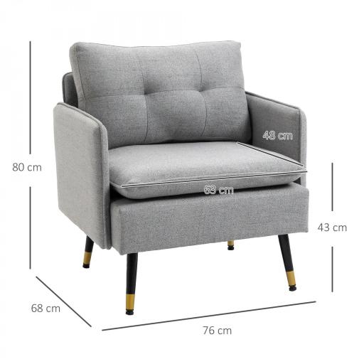 Butaca de Salón con Reposabrazos Asiento Acolchado y Patas de Acero Sofá Individual de Moderno 76x68x80 cm Gris [1]