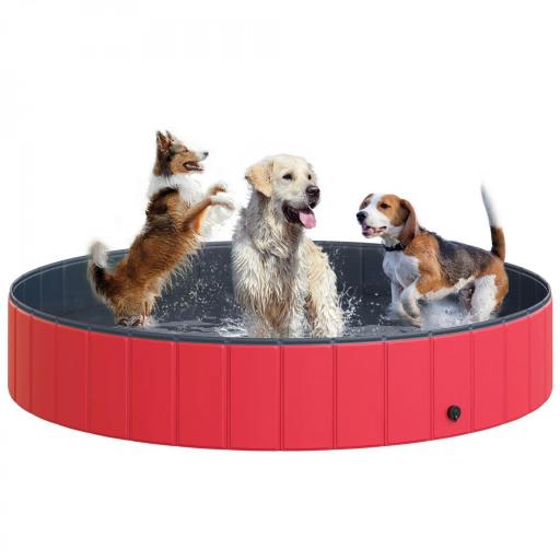 Piscina Plegable para Perros Gatos Ø160x30 cm Bañera Portátil para Mascotas PVC Antideslizante Múltiples Usos para Interiores y Exteriores Rojo [8]
