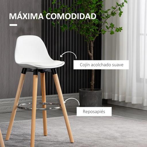 Conjunto de 2 Taburetes de Bar Tapizado en PU Taburetes Altos de Cocina con Asiento 69 cm 43x43x91 cm Blanco [3]