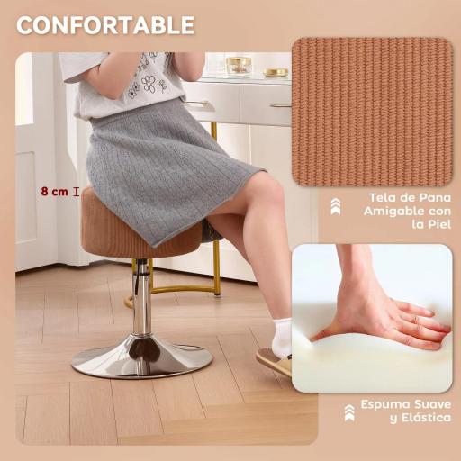 Taburete de Cocina Regulable en Altura 52-66 cm Tapizado en Pana Giratorio en 360° Marrón [4]