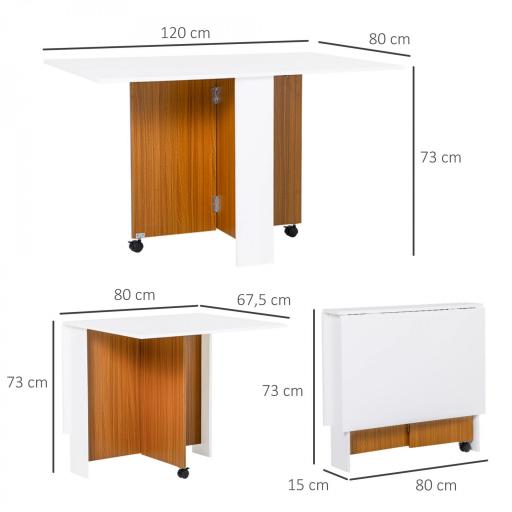 Mesa de Comedor Plegable con Ruedas Mesa Auxiliar Multifuncional con 2 Alas Abatibles 120x80x73 cm Blanco y Teca [1]
