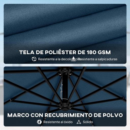 Parasol Excéntrico con Luces LED Solares Ø345 cm Sombrilla Jardín de Aluminio con Base Cruzada Manivela Funda Azul [5]