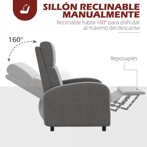 Sillón Relax Reclinable hasta 160° Sofá Reclinable Moderno con Reposapiés Soporta hasta 120 kg 64x86x102 cm Gris [4]