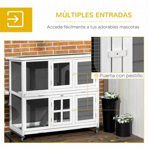 Conejera de Madera de 2 Niveles con Ruedas 2 Puertas Techo y Bandejas Extraíbles 119x50,5x109 cm Blanco y Gris [6]