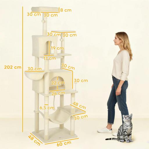 Árbol Rascador para Gatos con Plataforma Torre Escalador para Gatos con Cama Cuevas Postes de Sisal 60x48x202 cm Beige [4]