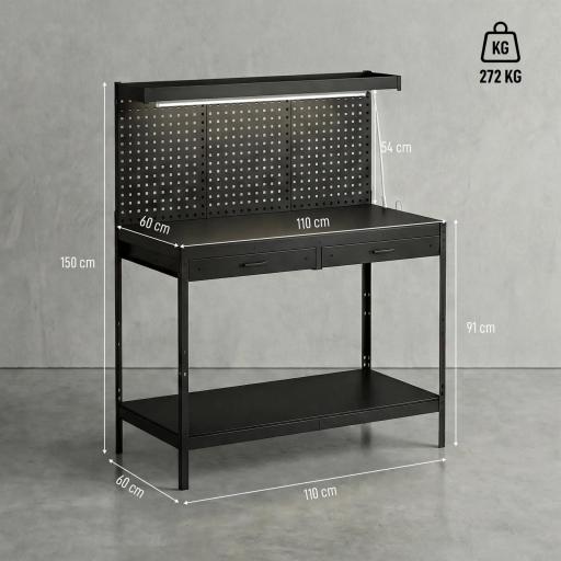 Banco de Trabajo Carga 272 kg 110x60x150 cm con Tableros Perforados Metálicos Toma de Corriente Luces LED Cajones Negro [1]