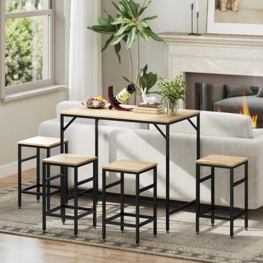 Set de Mesa Bar y 4 Taburetes Muebles Altos con Mesa de 100x60x88 cm y Taburetes de 32x32x57 cm Negro y Roble [7]