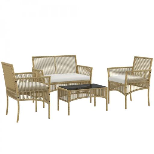 Juego de 4 Piezas Muebles de Terraza con 1 Sofá de 2 Plazas 2 Sillones y 1 Mesa de Centro con Encimera de Cristal Beige [8]