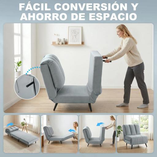 Sillón Cama Individual 3 en 1 Sofá Cama Plegable con Respaldo Ajustable y Cojín Grueso para Salón 72x88x87 cm Gris [2]