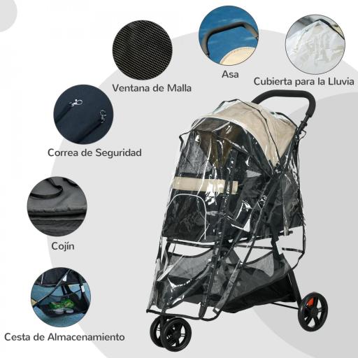Carrito para Perros Pequeños con Cesta de Almacenaje Cubierta para Lluvia y Ventana de Malla 80,5x51,5x100 cm Caqui [4]