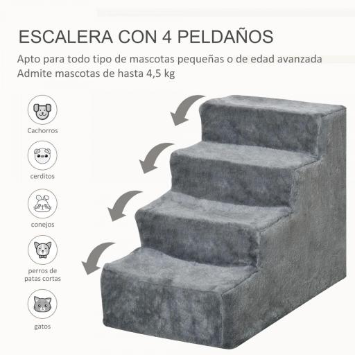 Escalera para Perros de 4 Peldaños Escalera para Mascotas con Funda Extraíble y Lavable para Cama Sofá 60x35x44 cm Gris [2]