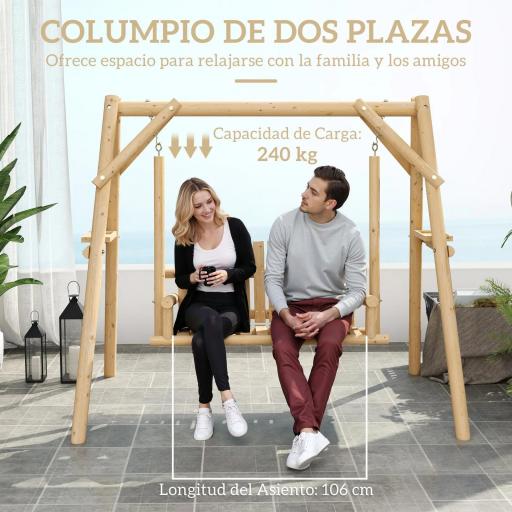 Banco Columpio de Jardín de Madera de 2 Plazas con Bandejas Laterales Reposabrazos y Estructura en A Natural [2]