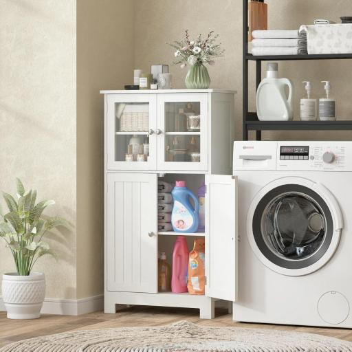 Armario Auxiliar de Baño con Puertas de Cristal y Estante Ajustable Armario Multifuncional 60x30x108,5cm Blanco [4]