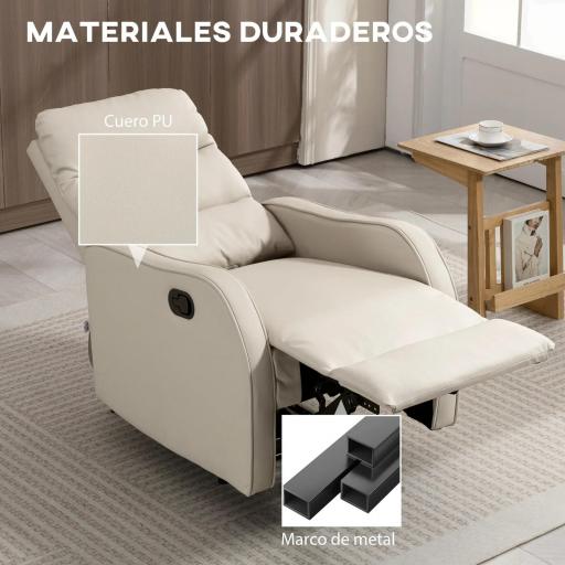 Sillón Relax Reclinable Sofá Relax Tapizado en PU con Reposapiés Retráctil para Dormitorio Salón 65x89x100 cm Crema [5]