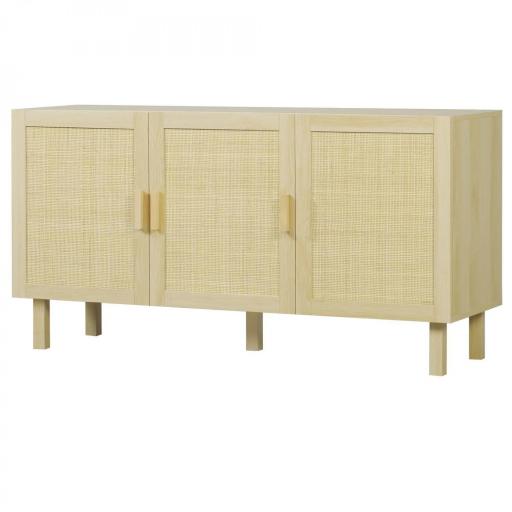 Aparador 3 Puertas de Rejilla de Ratán con Estantes Ajustables para Comedor Entrada Dormitorio Natural 136x41x70 cm [5]