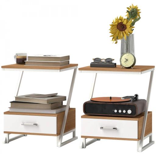 Juego de 2 Mesitas Auxiliares en Forma de Z con Cajón y Compartimento Mesita Auxiliar para Salón 40x35x50 cm Natural [9]