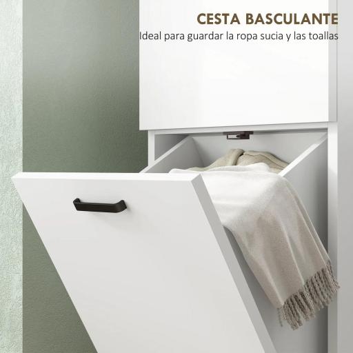 Armario Alto para Baño con Puertas y Estantes Cesto para Ropa Sucia en Espacios Reducidos 35x31,5x144 cm Blanco [1]
