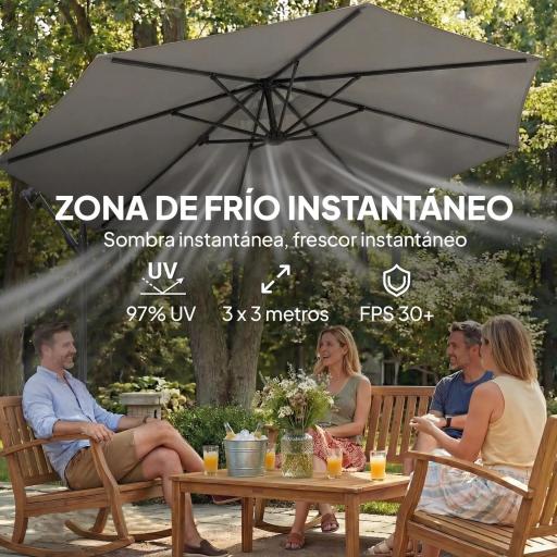 Parasol Excéntrico Ø300 cm con Base Cruzada Toldo Ajustable y Manivela UPF30+ para Terraza Patio Gris [1]