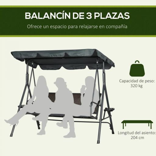 Columpio de Jardín de 3 Plazas con Toldo Ajustable Portavasos y Bandejas Carga 320 kg 204x112x150 cm Gris [2]