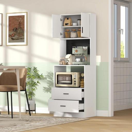 Mueble Auxiliar de Cocina con Soporte para Microondas 2 Cajones 2 Puertas y Panel Perforado de Metal Blanco [2]
