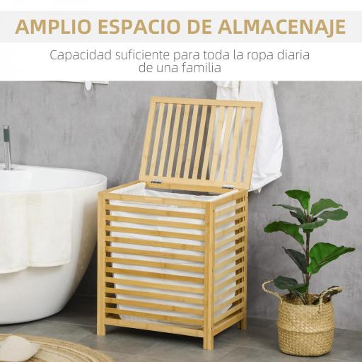 Cesta para la Colada de Bambú Capacidad de 55L Cesto para Ropa Sucia con 2 Asas y Bolsa Extraíble 50x36x60 cm Natural [5]