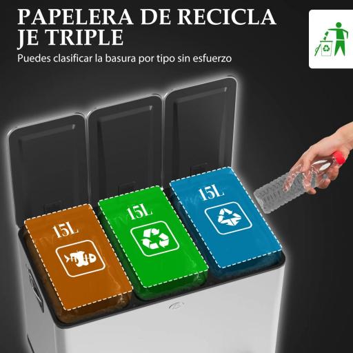 Papelera Cocina de Acero Inoxidable con 3 Compartimentos 3x15L con Pedales Tapas de Cierre Suave y Cubo Extraíble Plata [2]