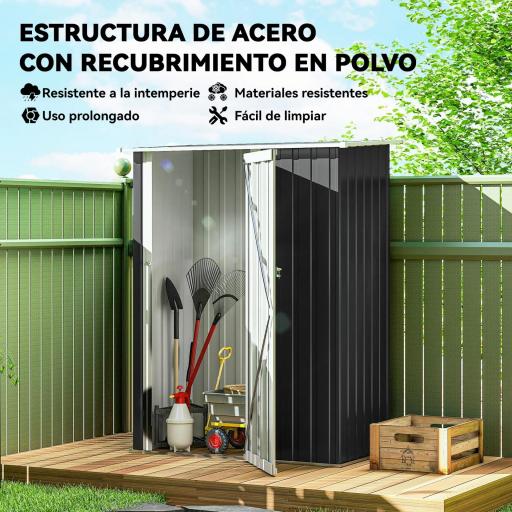 Cobertizo Exterior 1,07m² 142x86x189 cm con Puerta y Orificios de Drenaje para Almacenamiento de Herramientas Gris [2]