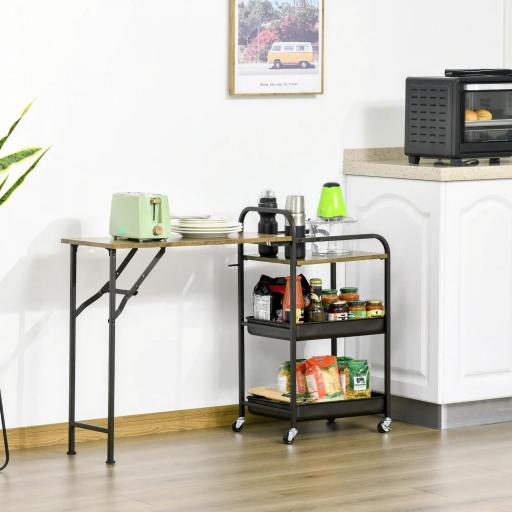 Carro de Cocina con Ruedas Carrito Auxiliar con Estantes de 3 Niveles Hoja Abatible y 2 Portavasos Multiusos para Comedor 118x36,5x82 cm Marrón Rústico
